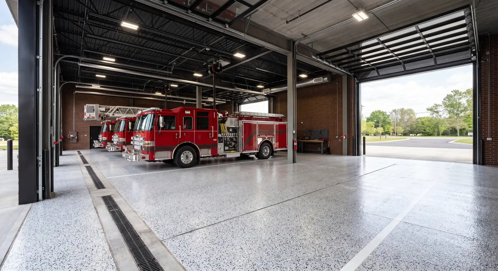 Specialty flake floor in a fire station bay
